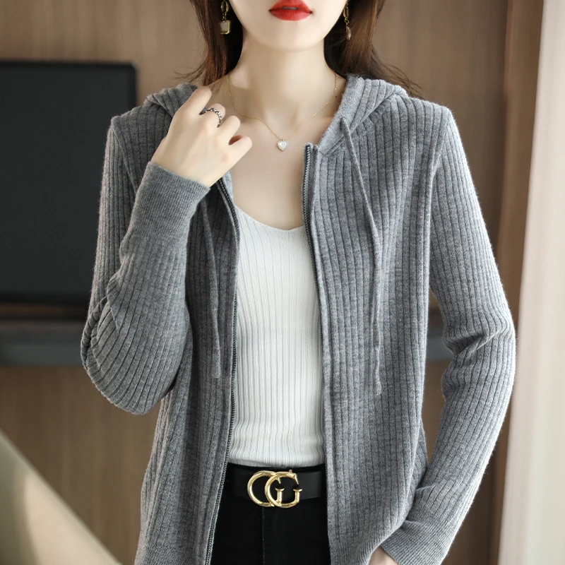 가을 겨울 후드 니트 가디건 스웨터, 여성 스웨터, 넉넉한 캐주얼, 단색, 조커 울, 보터밍 후디