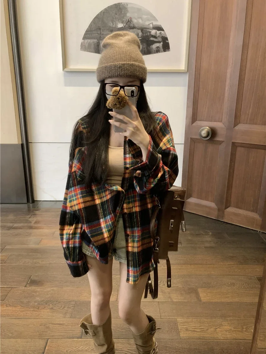 Retro plaid polo collar shirt jacket women's mid length loose fitting shirt chic top