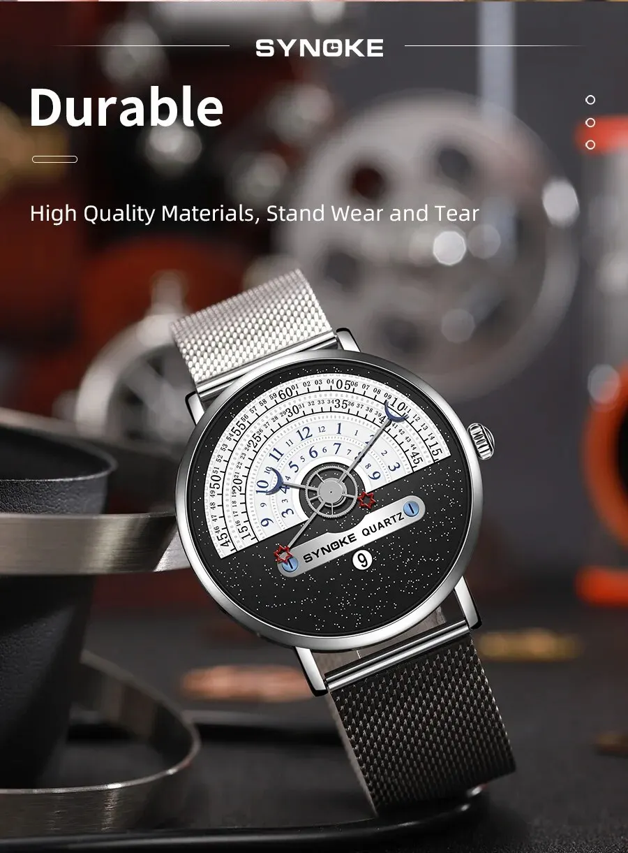 Sf2c314130b474aa48c4877f6d3fd5a16A Fashion Men Quartz Wristwatch Business New Star Moon Concept Black and White Watch Calendar Half Wheel Time Display Creative Mallzona