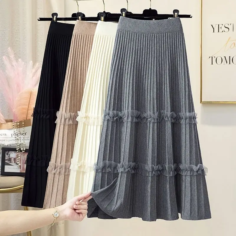 

Winter Warm Thicken Sweater Knitted Skirts Mom High Waist A-Line Midi Skirts Women Autumn Spliced Solid Color Wool Skirt T358