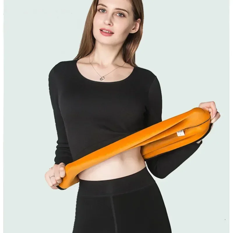 

Second Basic Sleeve Velvet O-neck Women For Single Layer Female Thermal Thermos Clothing Long Tops Winter Underwear Skin