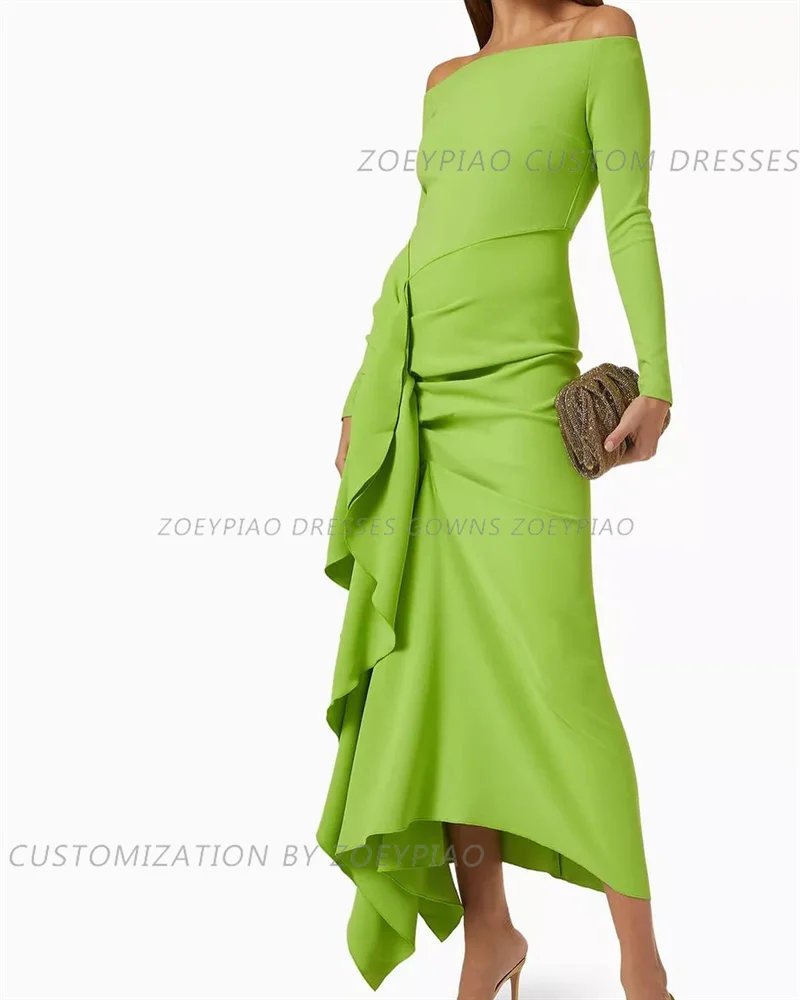 2024 Green Midi Prom Dresses Long Sleeves Pleats Satin Women Outfit Wear Arabic Homecoming Dress Formal Night Club Party Gowns