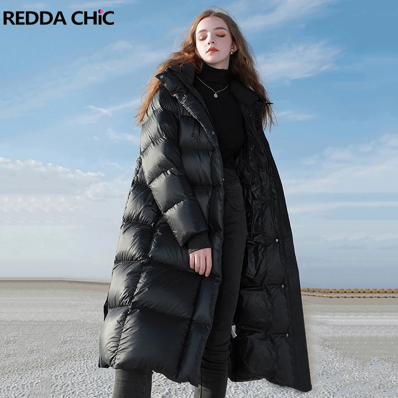 

REDDACHiC Retro Black x Gold Hooded Long Down Jacket Women Zip-up Long Sleeves Casual Thermal Quilted Coat Warm Winter Outerwear