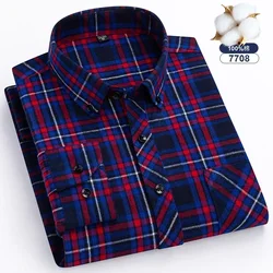 Men's Autumn Thick Flannel Plaid Shirt - Standard-Fit, Long Sleeve, Pure Cotton, Fashionable with Single Patch Pocket - 45 (7708)