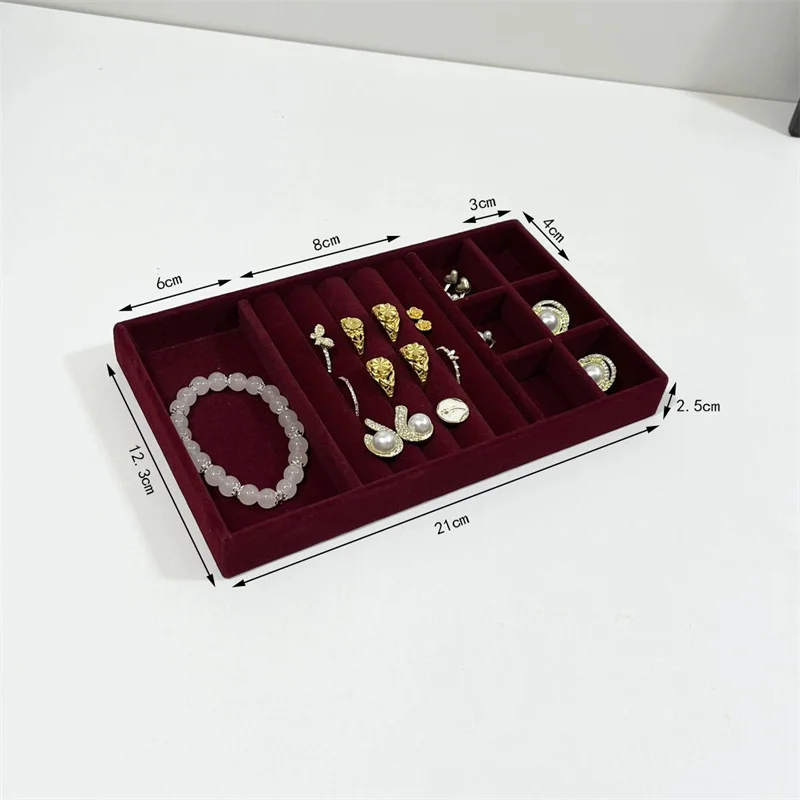 Dark red fabric Jewelry Box Earrings Studs Rings bracelet storage holder Household dressing table drawer Jewelry collection tray