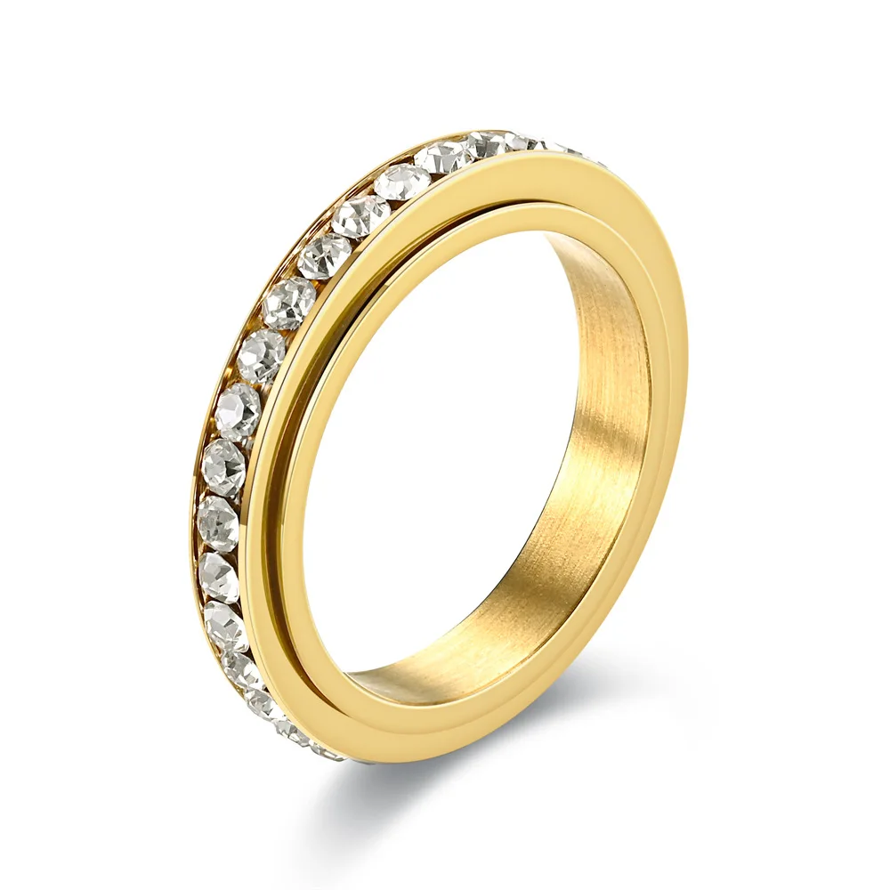 Stainless Steel Spinner Finger Rings For Women 4MM Crystal Rotatable Wedding Ring Men Fashion Anniversary Party Jewelry