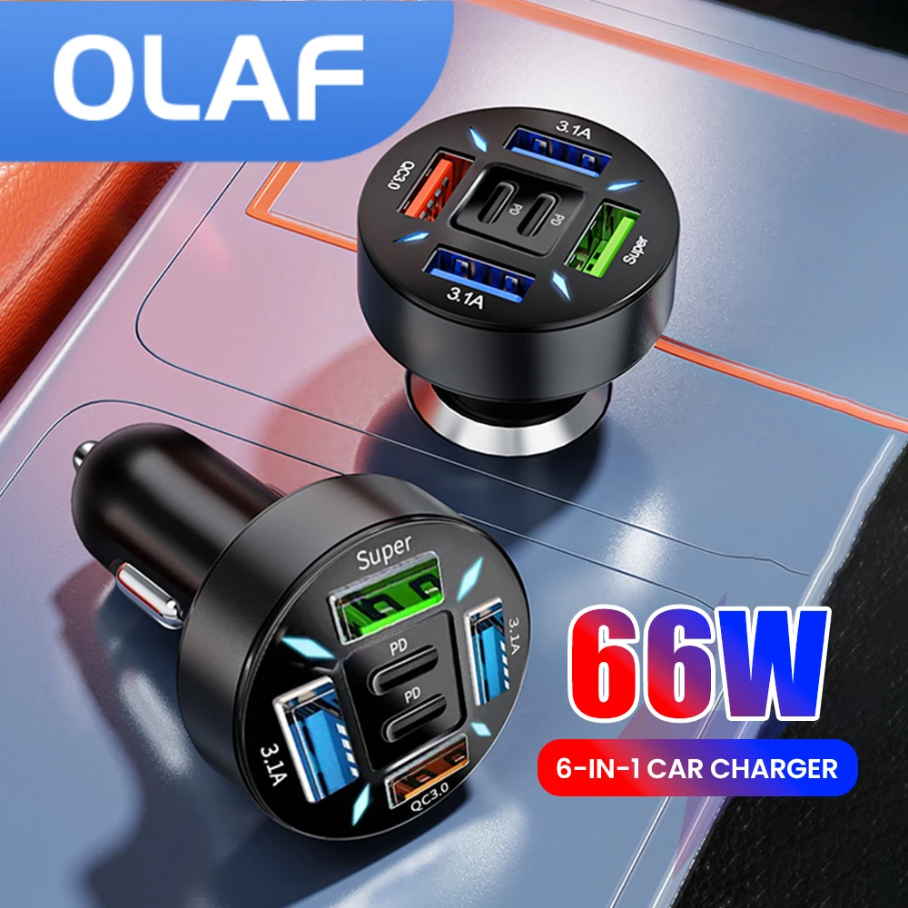 Caricabatteria Da Auto Olaf 6 Porte Ricarica Rapida Caricabatterie Da Auto Usb Tipo C Da 66W Per Iphone Samsung Xiaomi Adattatore Per Caricabatterie U