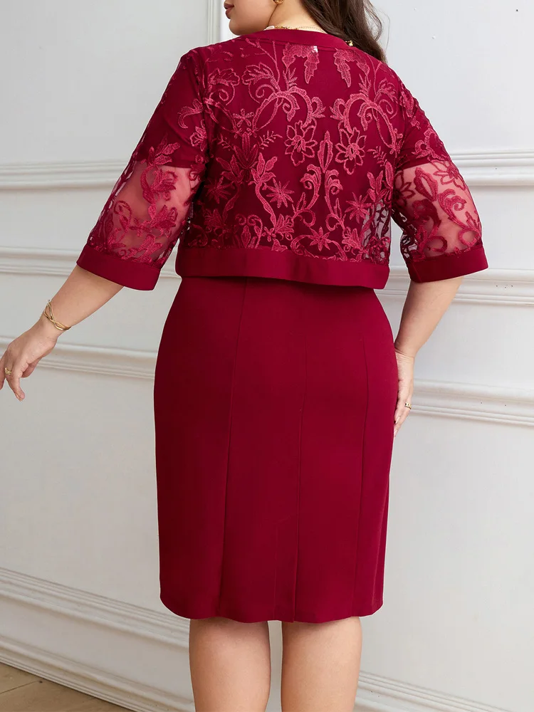 GIBSIE Plus Size Dress Sets For Women Summer 3/4 Sleeve Embroidery Short Coat Wedding Party Bridesmaid Bodycon Dress 2 Piece Set 2