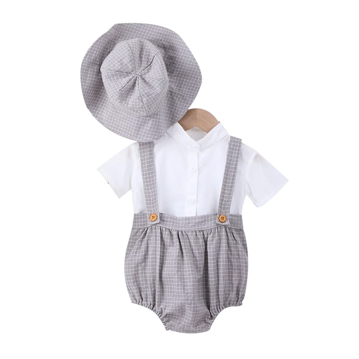 Casual Korean Style Boys Short Sleeve Plaid Shirt Glacier Capsuit Baby Outdoor Climbing Overalls Trendy Cotton Material