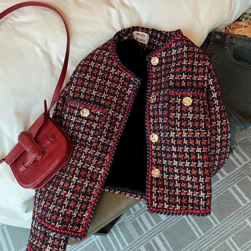 

MEXZT Vintage Tweed Jacket Women Elegant Cropped Plaid Blazer Korean Fleece Suit Short Coats Winter Thick Warm Chic Outerwear