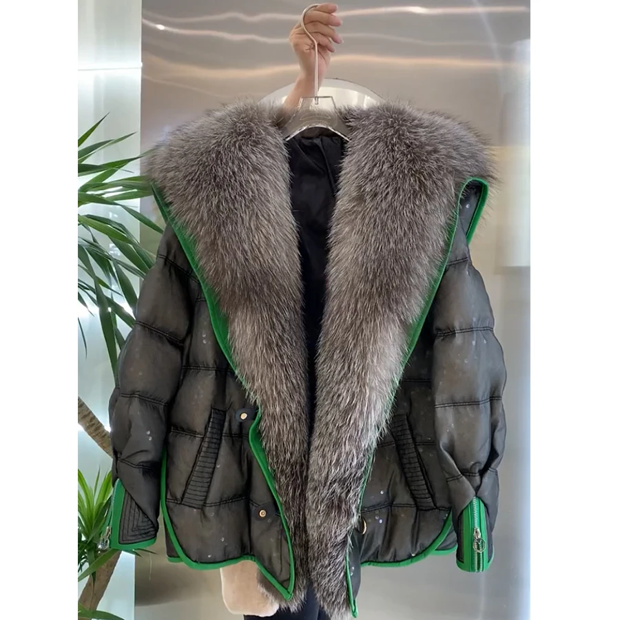 Women\'s Down Jacket With Fur Goose Feather Jacket Warm Winter Sequins Design Real Silver Fox Fur Collar