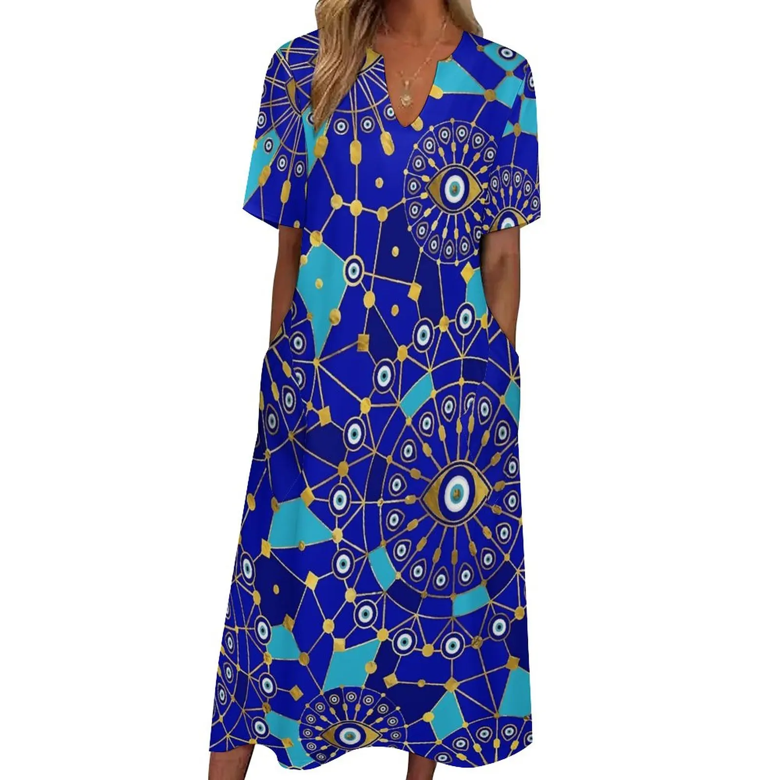 

Evil Eye Charm Dress Geometry Print Sexy Maxi Dress Street Fashion Casual Long Dresses Summer V Neck Graphic Vestidos Large Size