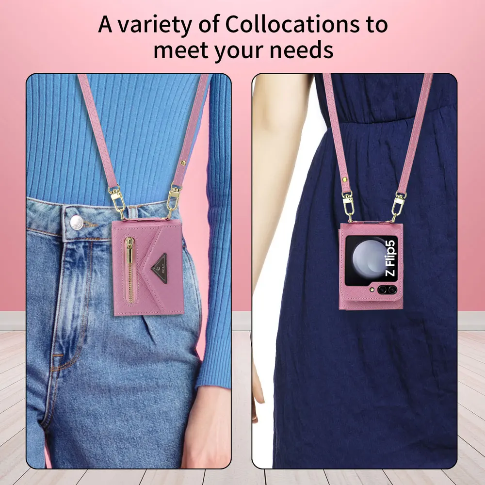 Stylish Zipper Crossbody Bag Phone Case for Samsung Galaxy Z Flip 5 Multi-function Card Case Anti-drop Leather Protective Cover