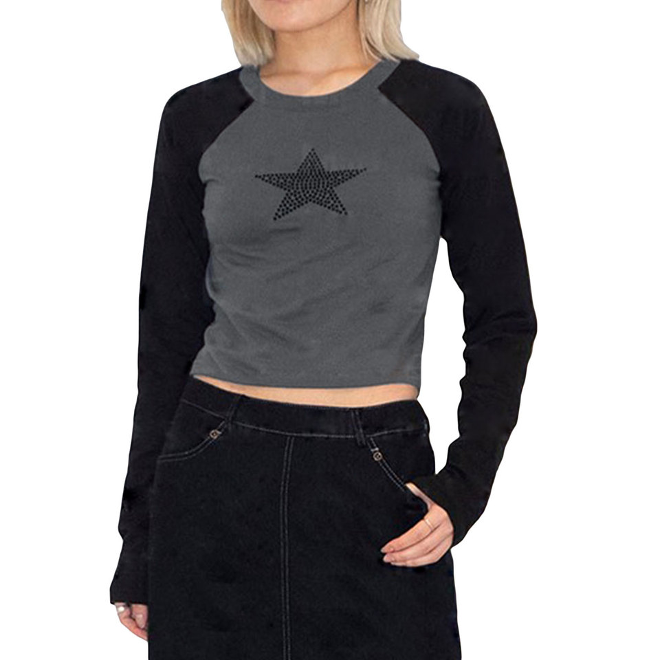 Autumn and winter new American star pattern long sleeved T-shirt slim fit and sexy short fashion top for women