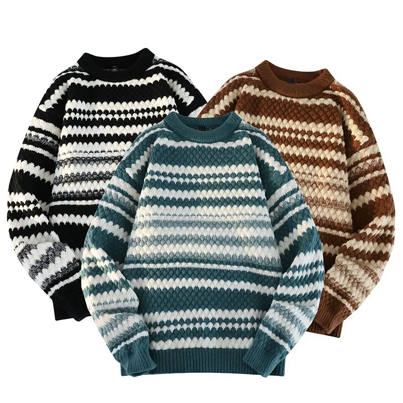 

Мужской свитер в полоску, Осень-зима 2023, новый свободный свитер в Корейском стиле с круглым вырезом, топы, утепленный свитер, куртка