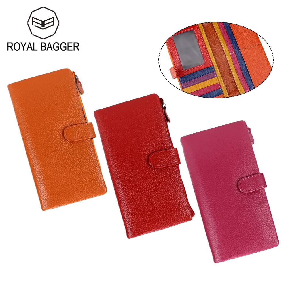 

Royal Bagger Long Wallet for Women Genuine Cow Leather Fashion Casual Phone Purse Multi-card Slots Card Holder 1505