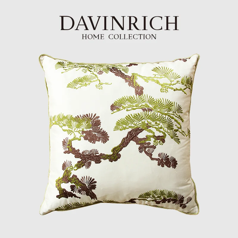 

DAVINRICH Japanese Pine Trees Heavy Embroidery Cushion Covers Decorative Square Accent Throw Pillow Case Luxury Apartment Decor