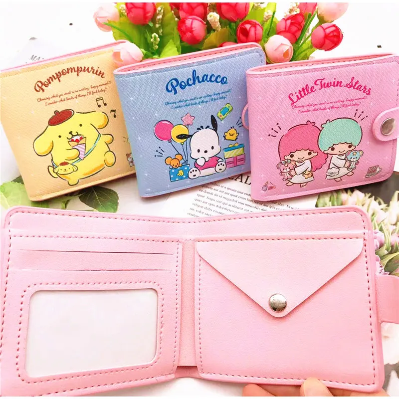 Wallet Keychains Fashion Handbag Sanrio Hello Kitty Pocketbook My Melody KT Cat Cinnamon Roll Pringle Kuromi PU Leather Wallet Cute Folding Card Bag Female Wallet