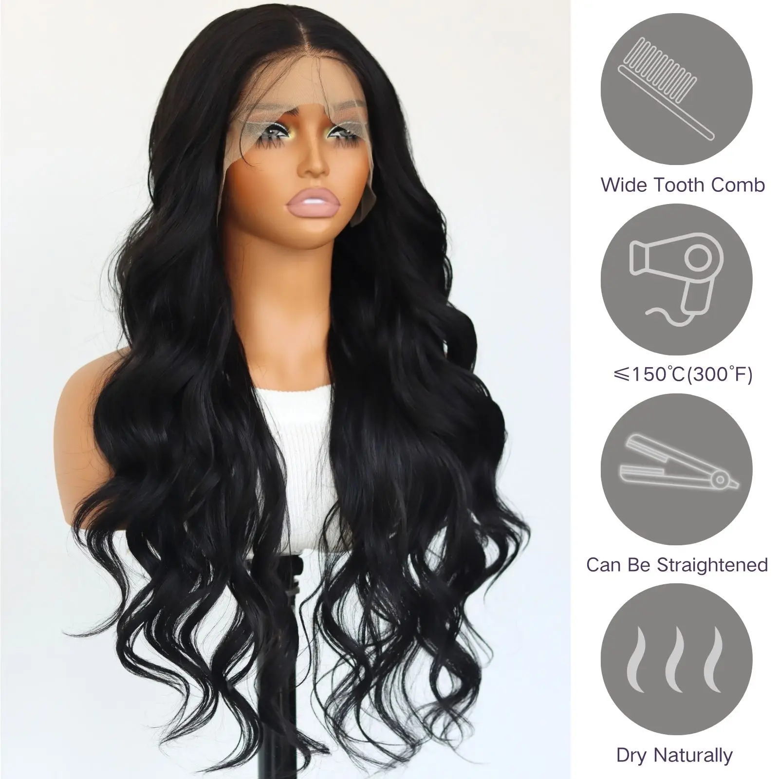 Black Body Wavy 13x4 Lace front wig Long Wave Lace Front Synthetic Wig Black Wavy Wig  Pre Plucked Natural Hairline Wig 24Inch