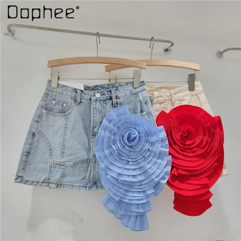 Casual Three-Dimensional Flower Short Jean Skirt for Women Trendy 2024 Summer New Woman High Waist Hip-Wrapped Mini Denim Skirts