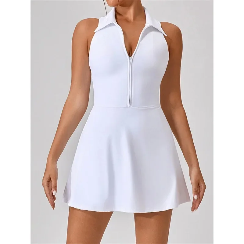 Women's Tennis Dress Women Turn Down Collar Front Zipper 2-in-1 Golf Sports Tight Dress Fitness Workout Running Pocket Skort
