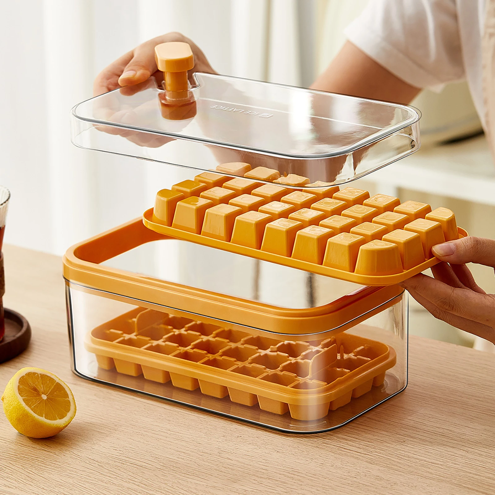 1pc Double Layer 64-cavity Easy Release Ice Cube Tray With Ice Shovel