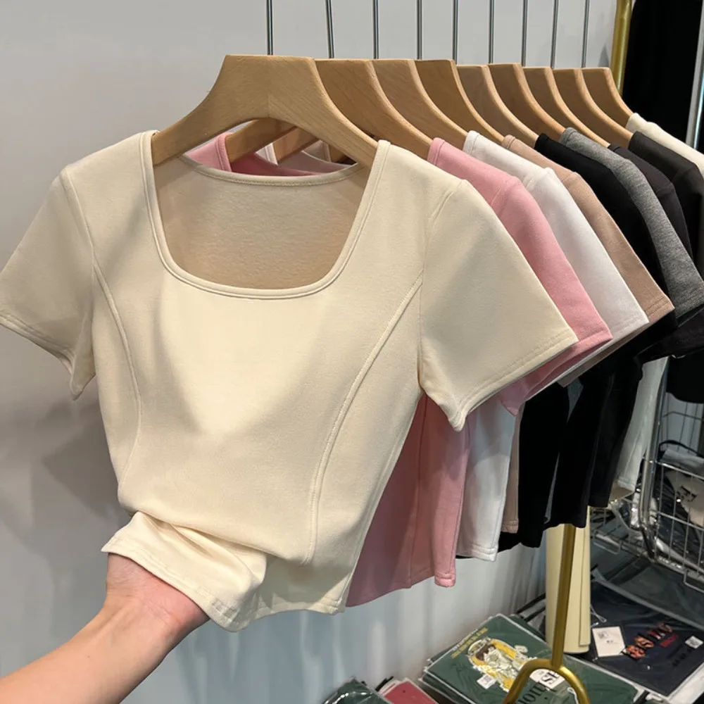 Fashion Summer Square Neck T-shirt Sweet Simplicity Slim Top Casual Trendy Short Top Female 3