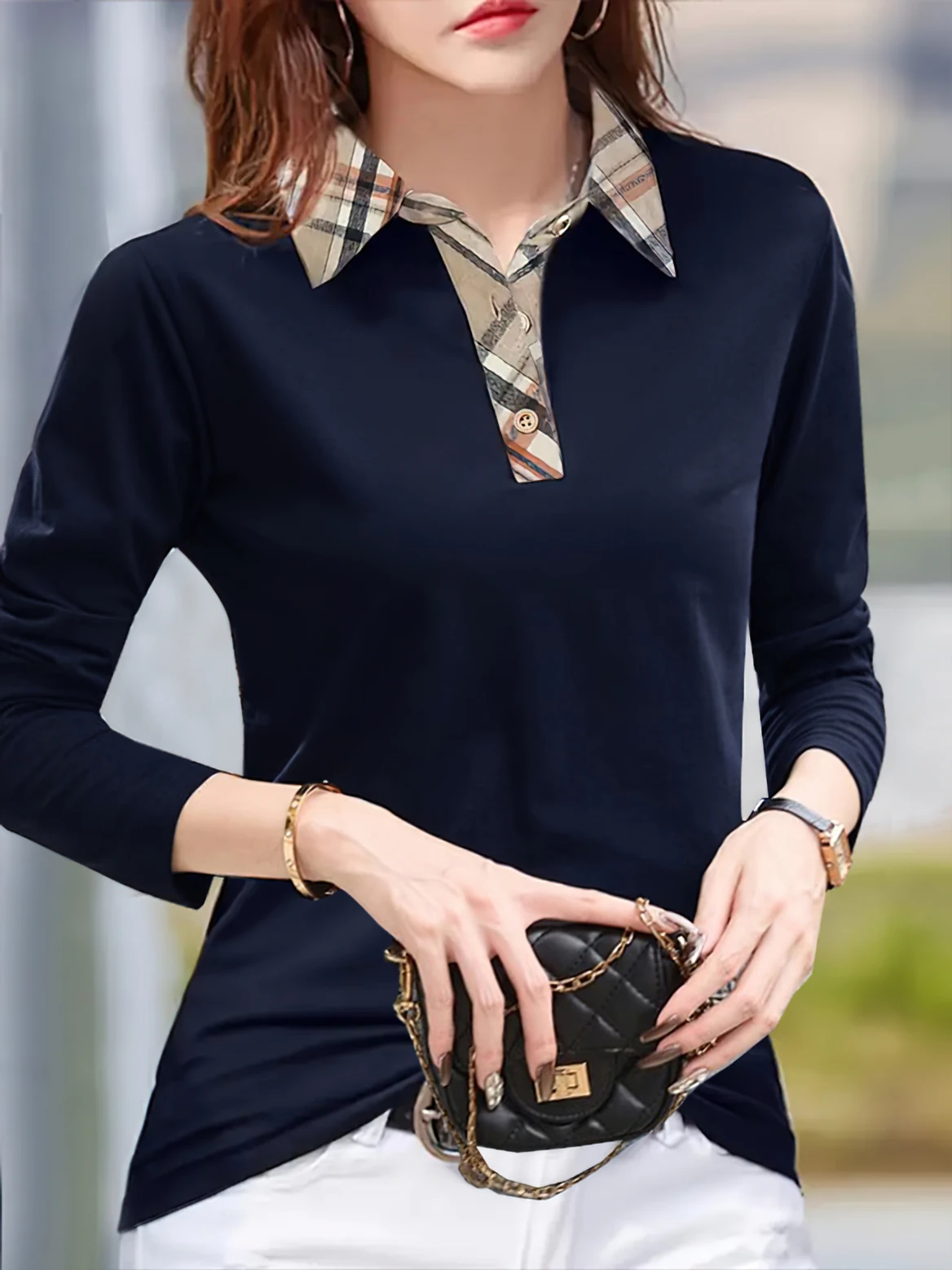 Women's solid color long-sleeved plaid collar POLO shirt, fashionable and casual everyday wear knitted tops. 22 Sf2c4948f02784fbabfce02f9af29bbe5o