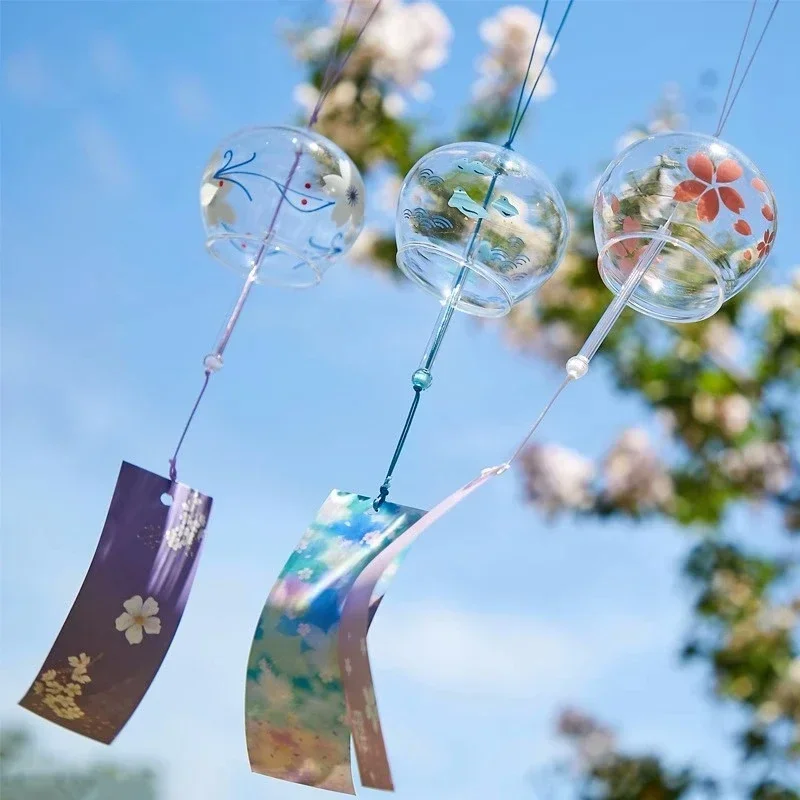 Outdoor Wind Chimes Wind Bell Pendant Sakura Glass Wind Chime Hanging Drop Birthday Gift Ornament Transparent Wind Spinner Bell Pendant Japanese Style Decoration