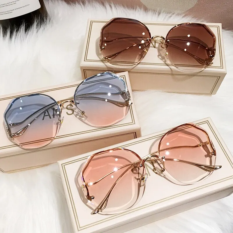 Randlose Sonnenbrille Frauen Metall Weibliche Vintage Damen Stilvolle Design Übergroße Quadratische Sonnenbrille UV400