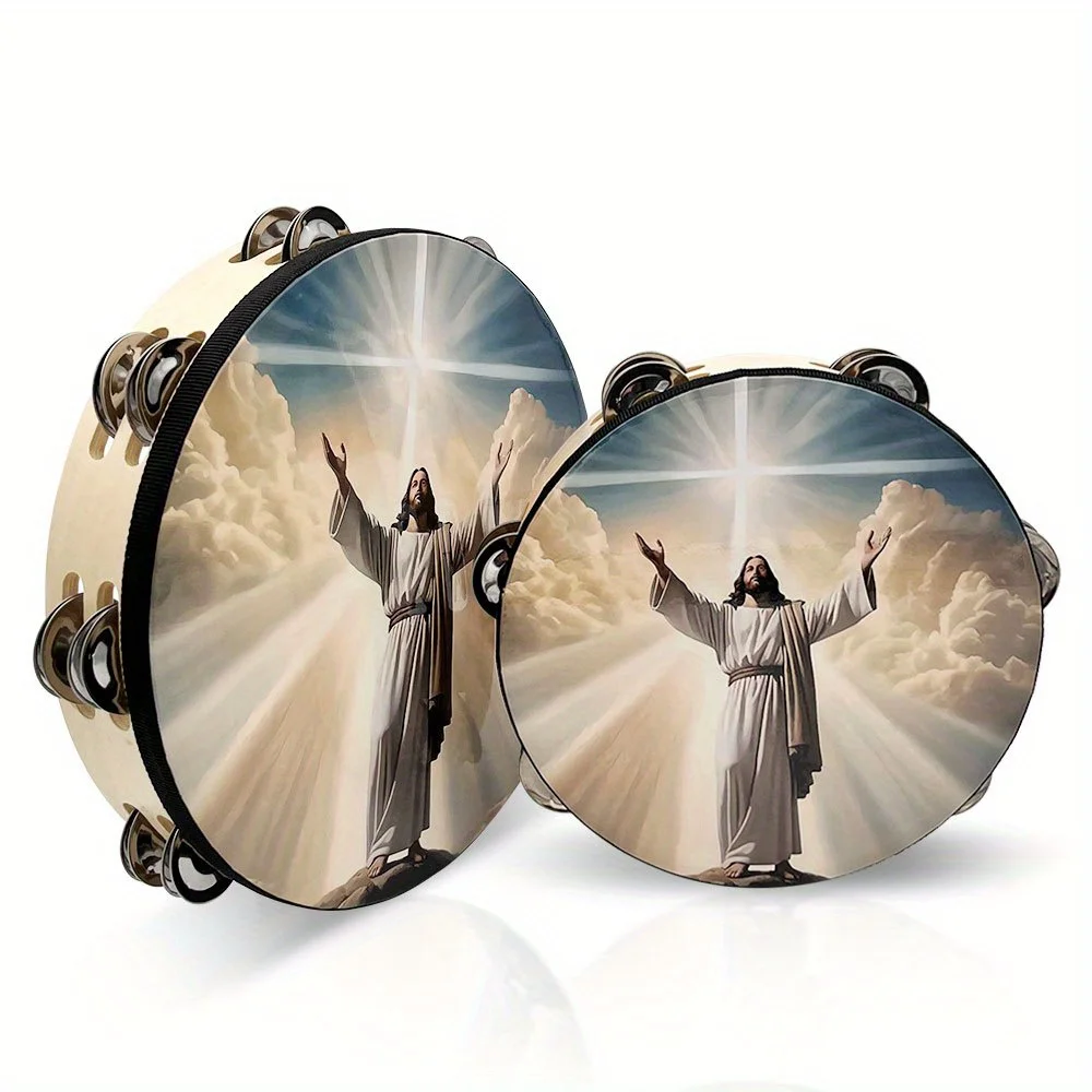 8/10-inch Jesus Tambourine Double Row Jingle Tambourine Handbell Clap Drum for Party Musical Instrument
