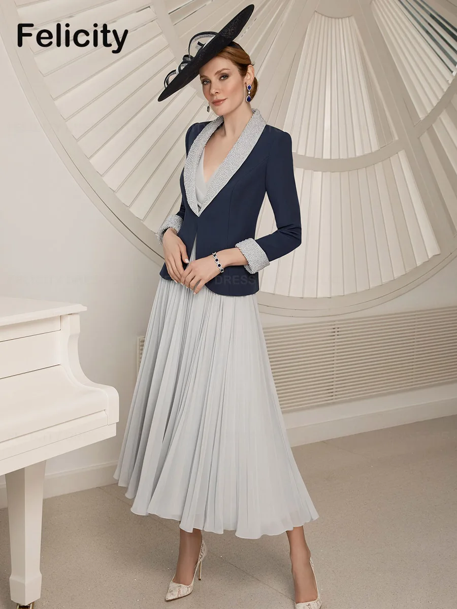 

Elegant 2 Piece Mother of the Bride Dresses 2023 A-line V-neck Tea-Length Pleats Women Wedding Guest Dress Robes Invitée Mariage