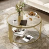 Modern Glass Coffee Table in 31.5", Asymmetrical Metal, Circular Metal Drum Base, Gold Finish & Lower Shelf 1