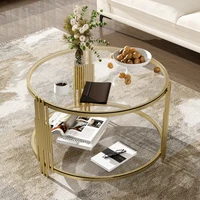 Modern Glass Coffee Table in 31.5", Asymmetrical Metal, Circular Metal Drum Base, Gold Finish & Lower Shelf 1