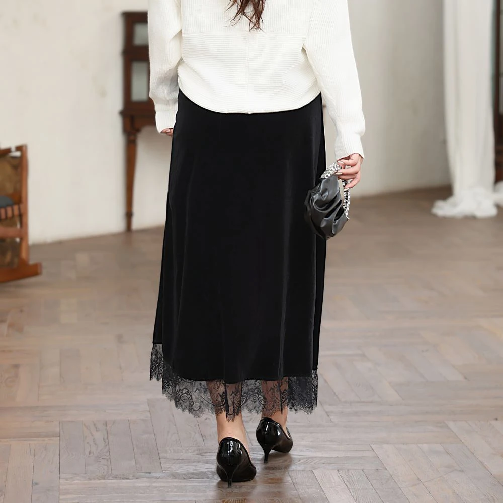 Plus Size Women's Skirt Premium French Lace Hem Splicing High Waist Mid Length Velour A-line Autumn Winter 2025