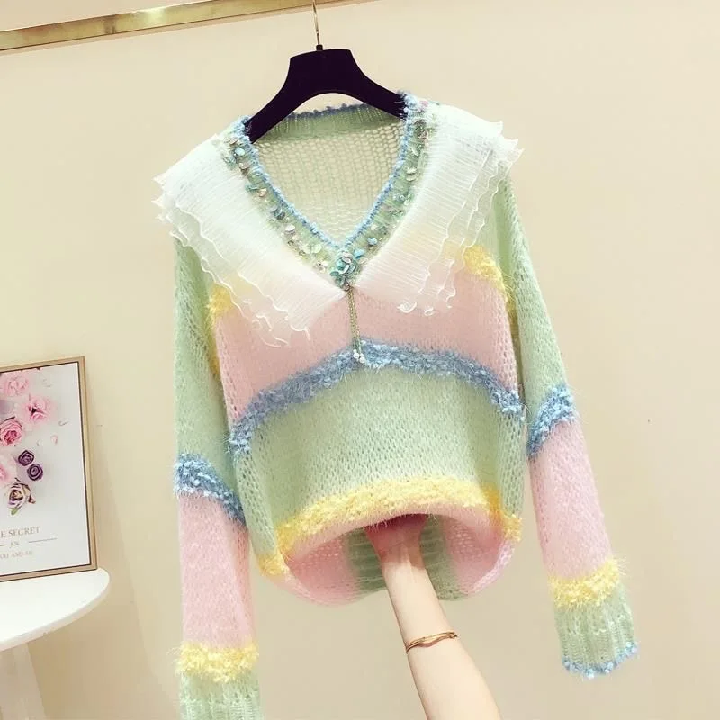 

2023 Spring Autumn Sweet Rainbow Sweater Women Ruffles V-Neck Long Sleeve Top