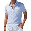 Cotton Linen Short Sleeves Shirts for Men Cargo Shirt Hawaiian Beach Button Top Summer Holiday Solid Color Lightweight Tees 4