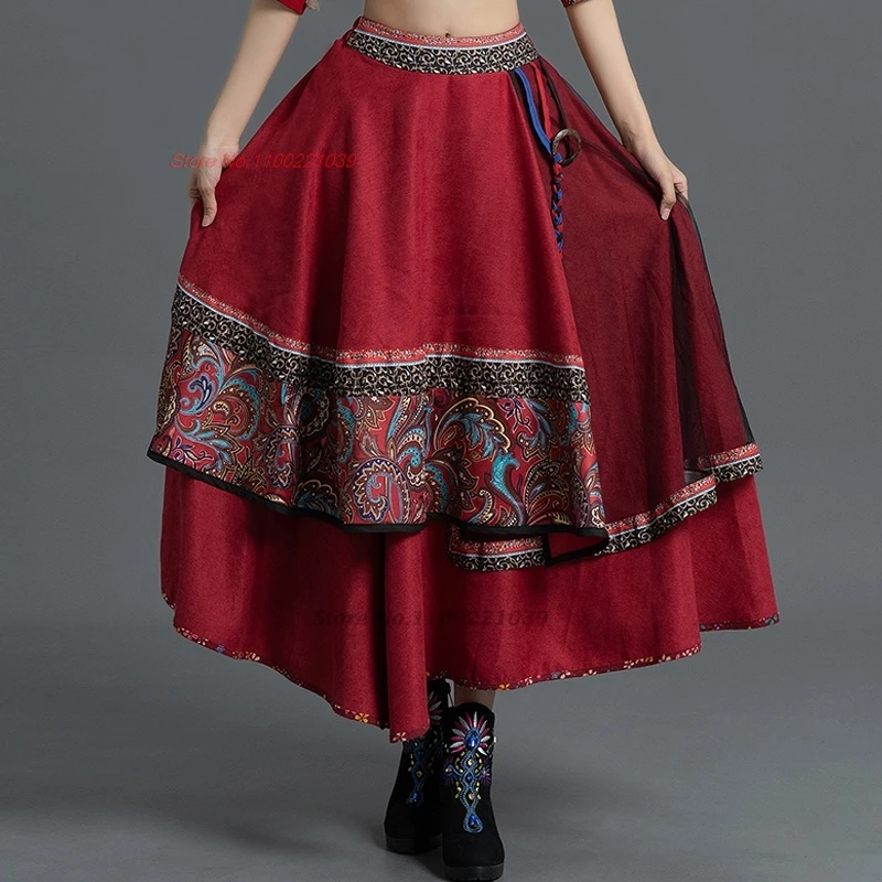 chinese vintage elastic waist skirt national flower print ethnic skirt oriental traditional folk a-line corduroy