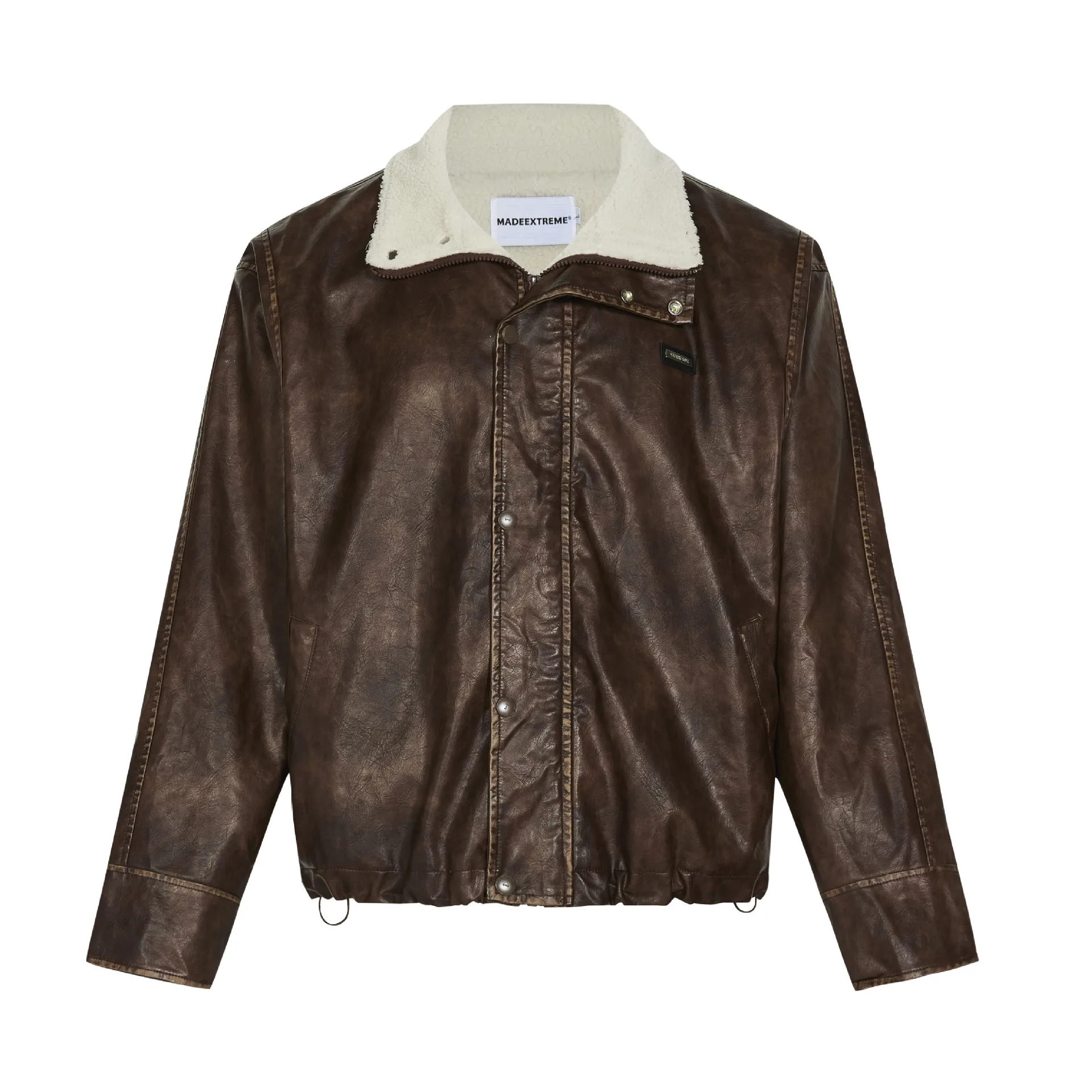 

MADEEXTREME Retro Thickened Coat Water Wash Lapel PU Leather Motorcycle Fur One Piece Jacket for Men
