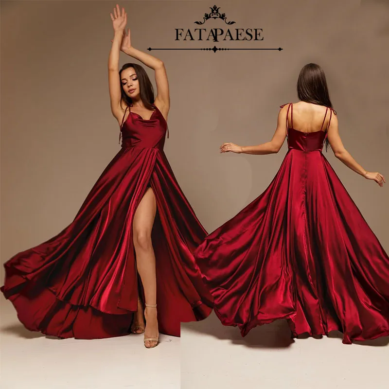 Satin Wedding Dress Bridesmaid Dresses FATAPAESE Burgundy Satin Maxi Flared Dress with Hign Slit Sexy Bridesmaid Dress Open Back A Line Wedding Evening Gown with Train