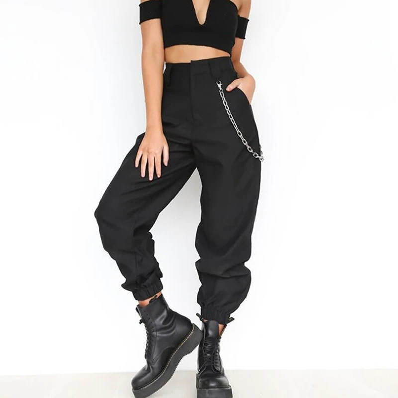 Autumn Vintage Chain Black Cargo Pants 