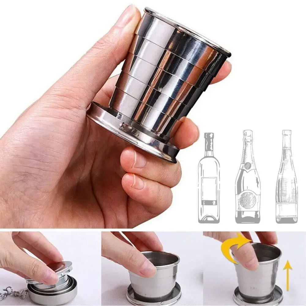 Tazza Pieghevole In Acciaio Inossidabile Da Viaggio, 75 Ml, Con Portachiavi E Coperchio, Per Campeggio, Escursionismo E Attività Outdoor