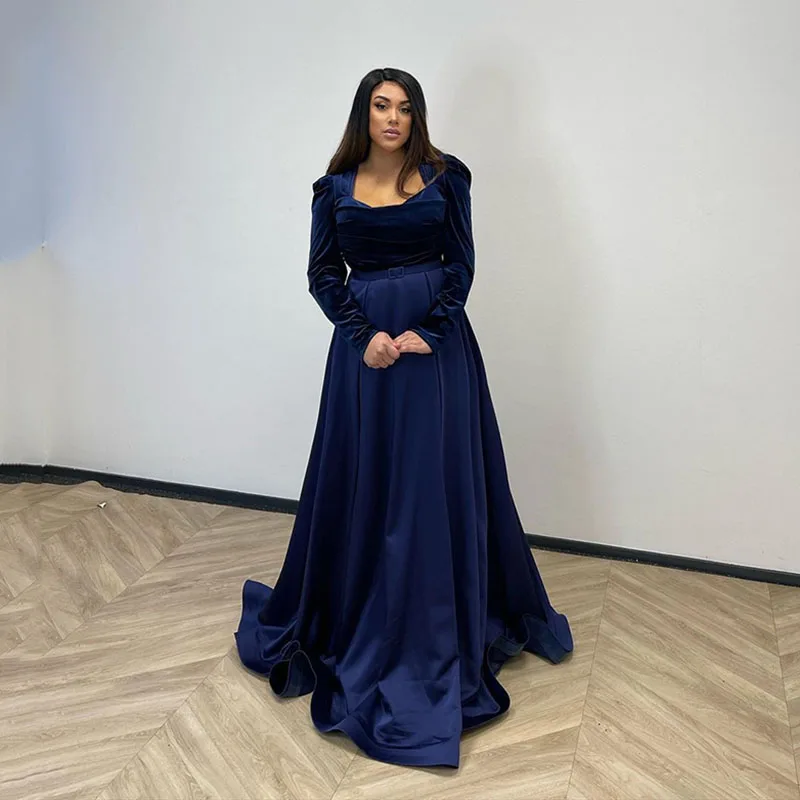 

Dubai Evening Dresses for Wedding Party Satin Navy Blue V-Neck Beaded Long Sleeves Celebrity Prom Dress Formal Party Gowns
