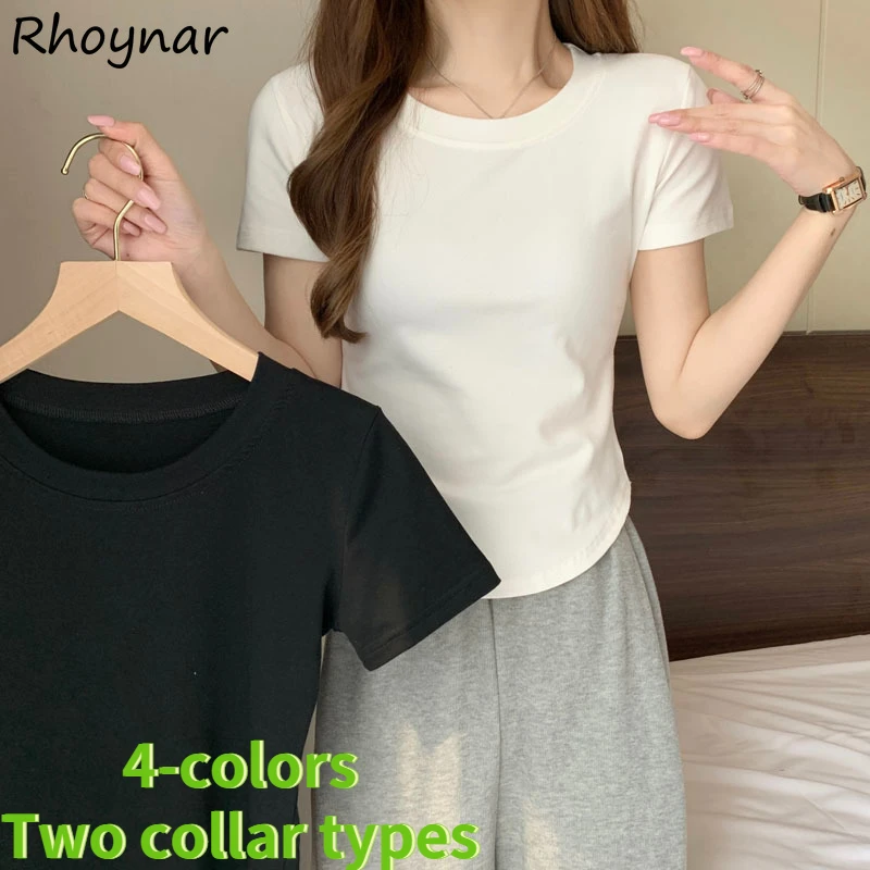 

T-shirts Women Summer Asymmetric Design Slim Solid Fashion Casual All-match Preppy Soft Crop Tops Simple Korean Style Young Chic