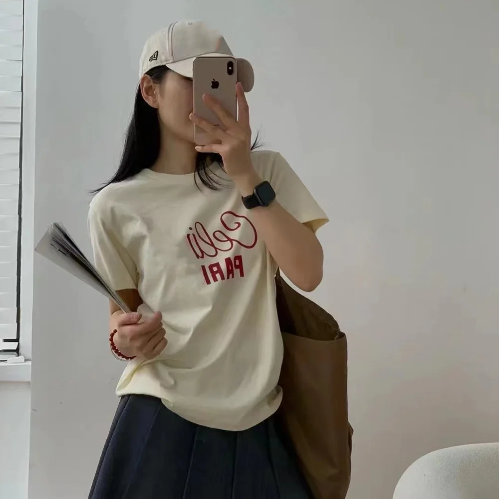 

Women Basic Tee 2024 Spring/Summer New Fashionable Letter Printing Casual Versatile Short Sleeved T-shirt Female Solid Color Top