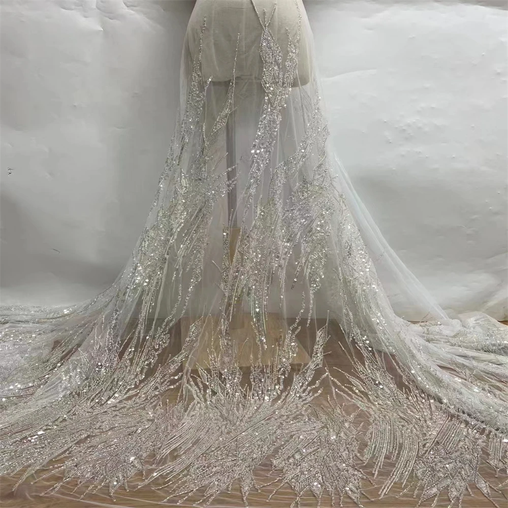 African Handmade Beaded Lace Fabric 2023 High Quality Nigerian French Tulle Lace Fabric For Wedding Dress Sewing  JH
