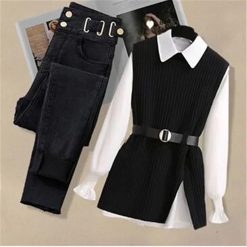 

Large Autumn and Winter Suit for Women 2023 New Korean Fashion Knitted Vest Shirt Casual Slim Jeans Three Piece Set