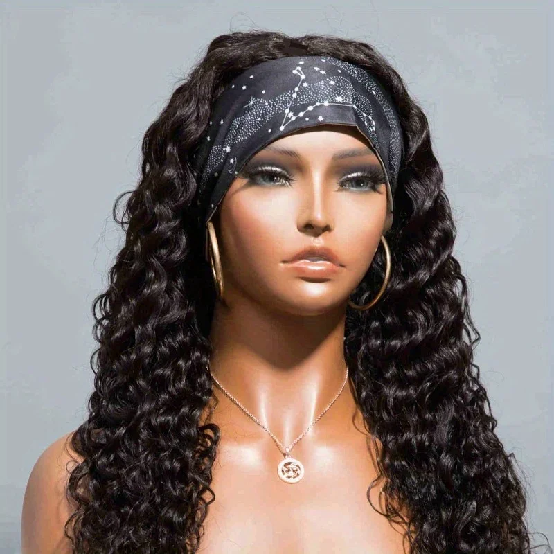 Deep Wave Curly Human Hair Wig Full Machine Made Half Wig Headband Wigs Curly Half Wigs Human Hair For Woman on Clearance Sale 2