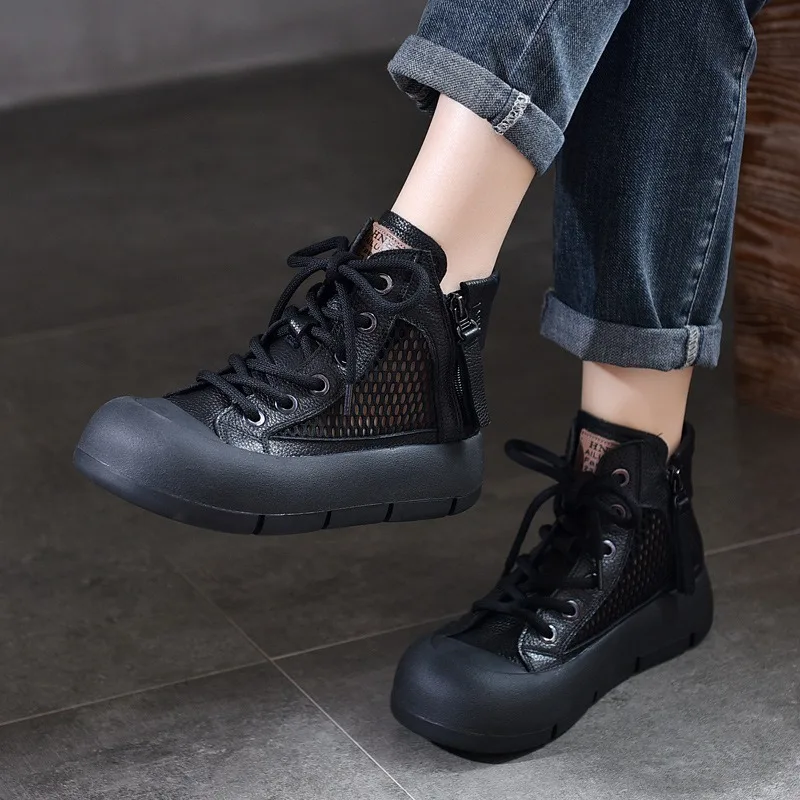 

Birkuir Retro Hollow Out Boots Genuine Leather Flat Platform Ankle Boots For Women Luxury Lace Up Zip Thick Heel Short Boots