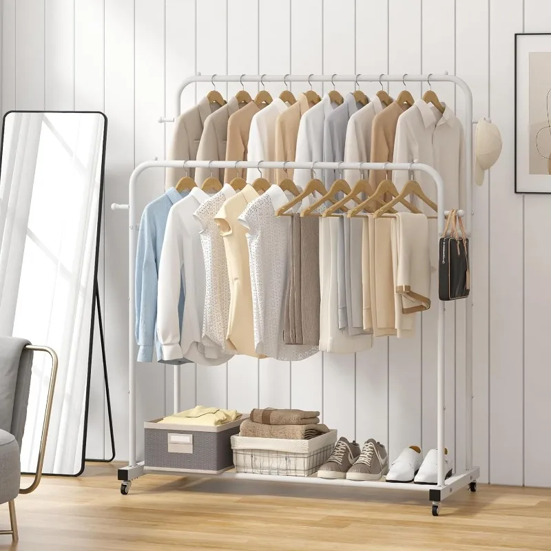 

Double Rods Garment Rack with Wheels, Clothing Rack for Hanging Clothes,4 Hooks, Multi-functional Bedroom Clothes Rack, White